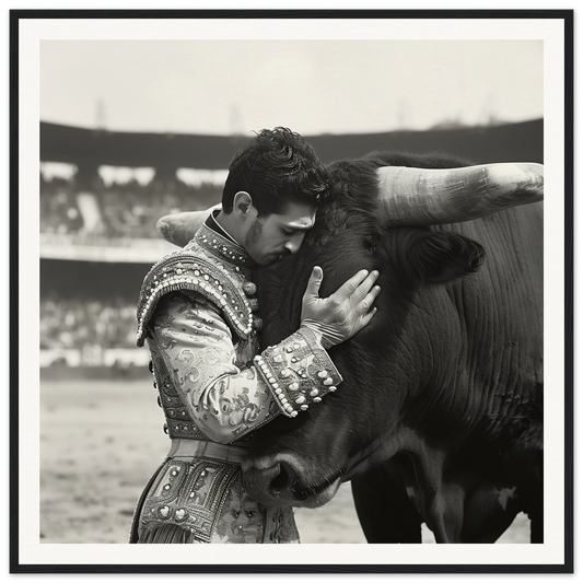 Matador in a detailed suit embracing a bull’s head, part of Bull & Brave special edition art™