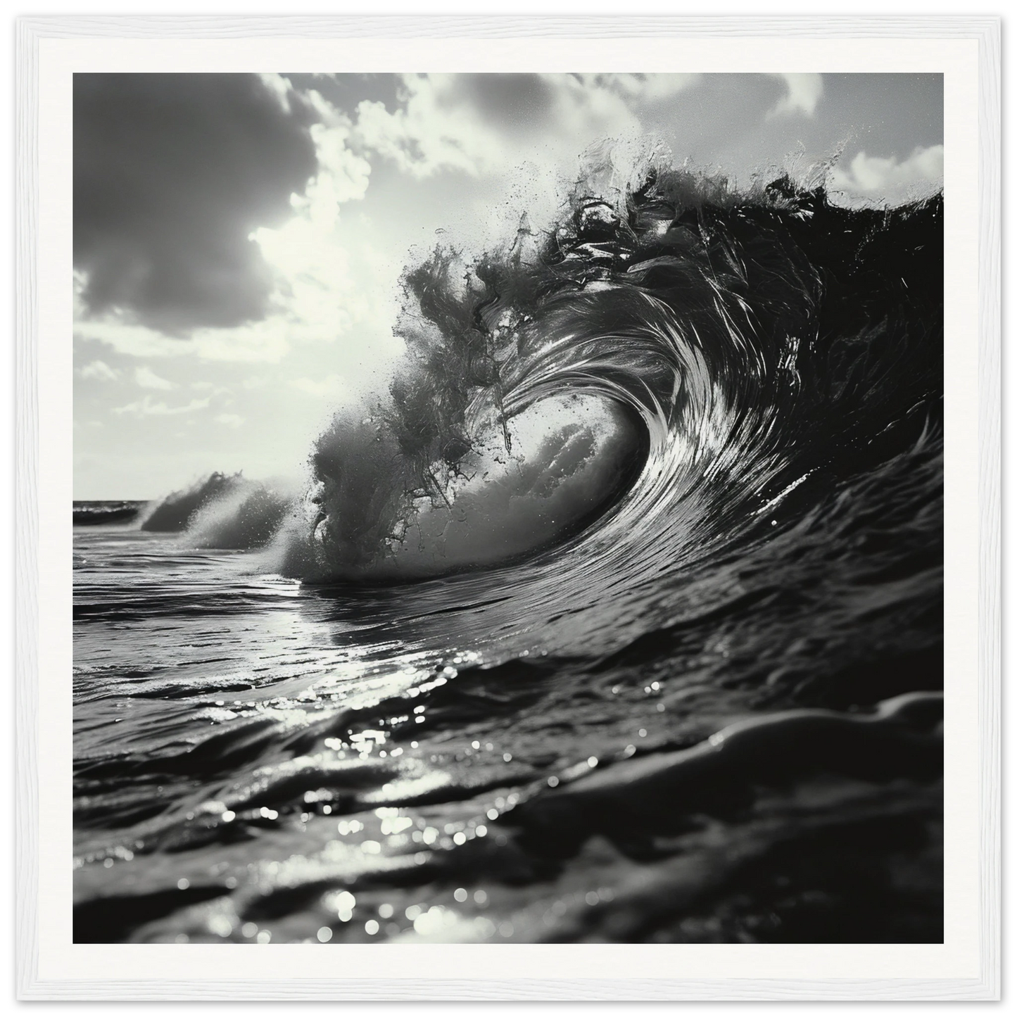 Black and white curling ocean wave in Eternal Wave Symphony framed poster