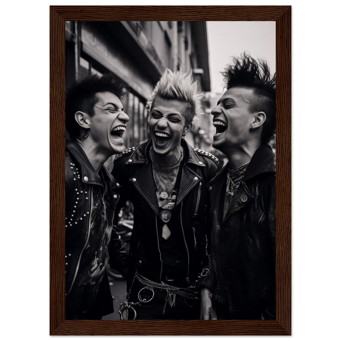 Black and white photograph of three punk rockers laughing exuberantly.