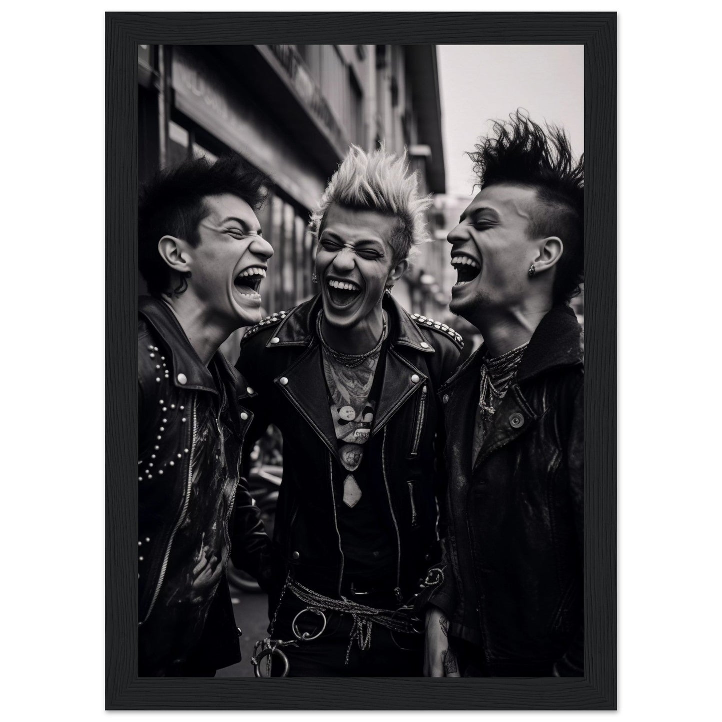 Black and white photograph of three punk rockers laughing exuberantly.