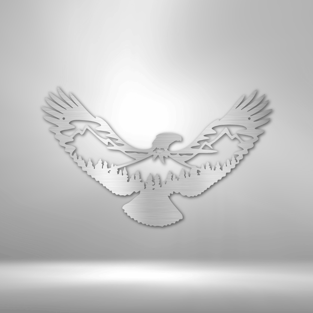 Stylized eagle with outstretched wings in a metallic or embossed design.