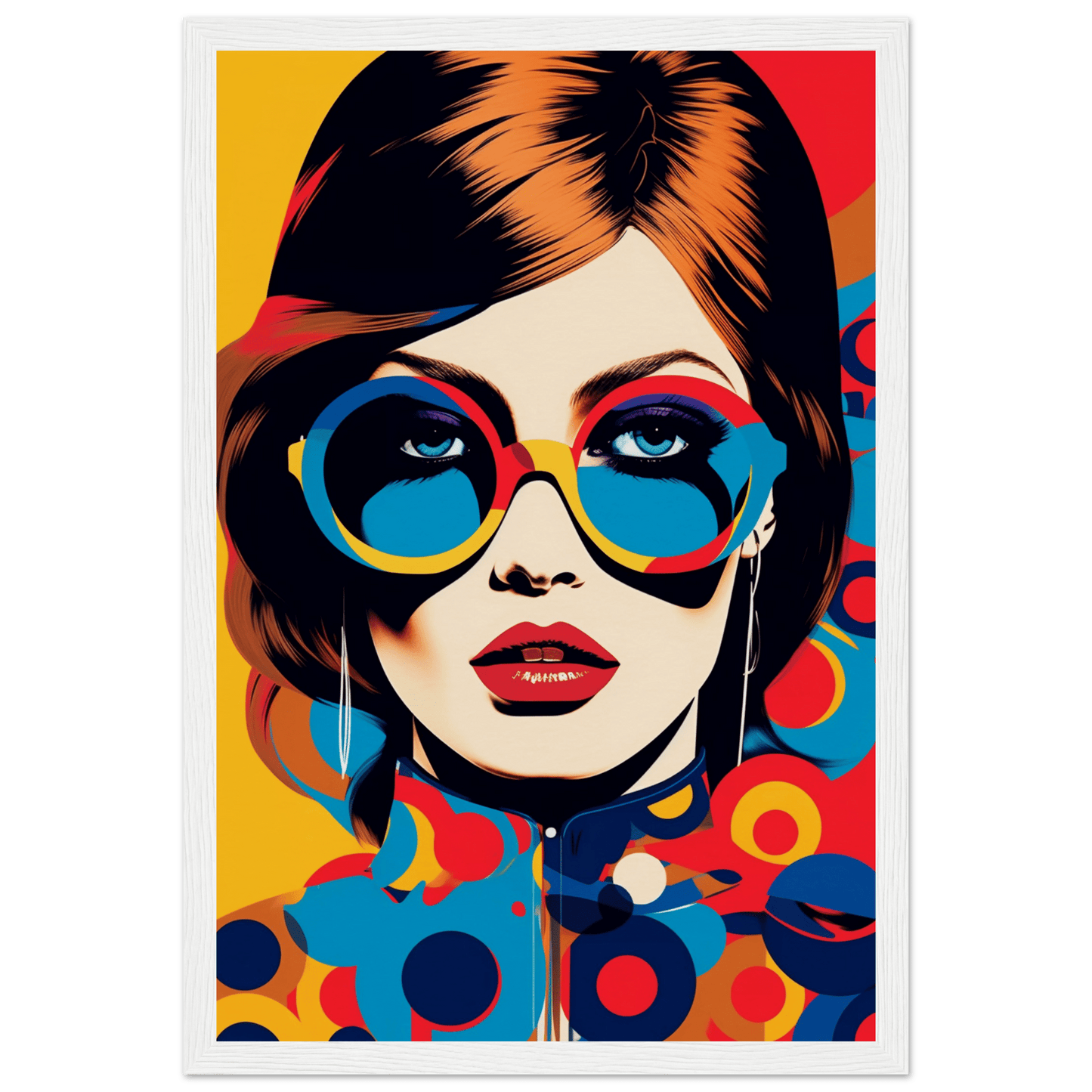 Stylized pop art portrait of a woman wearing oversized colorful sunglasses and red lipstick.