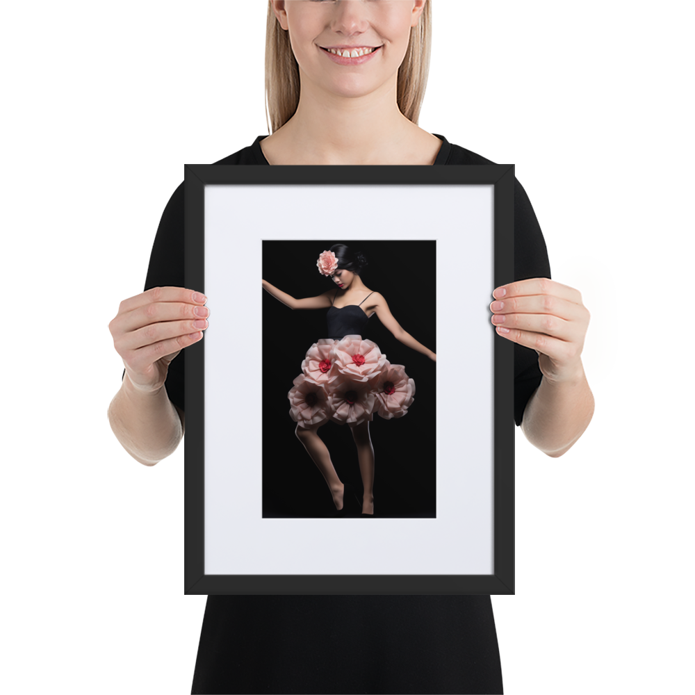 Framed photograph of a dancer in a floral-like costume against a dark background.