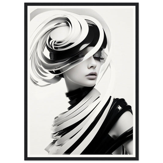 Striking black and white portrait featuring a person wearing an avant-garde sculptural hat and wrap.