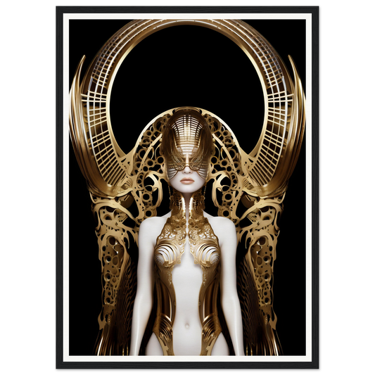 Futuristic female figure adorned with an elaborate golden headdress and ornate metallic body decorations.