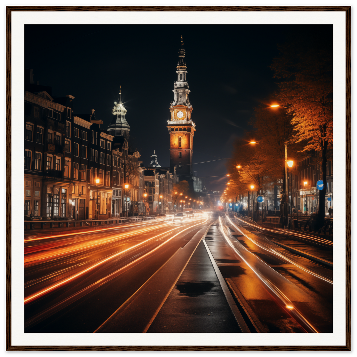 Illuminated church tower and traffic light trails in Clockwork City Glow framed poster