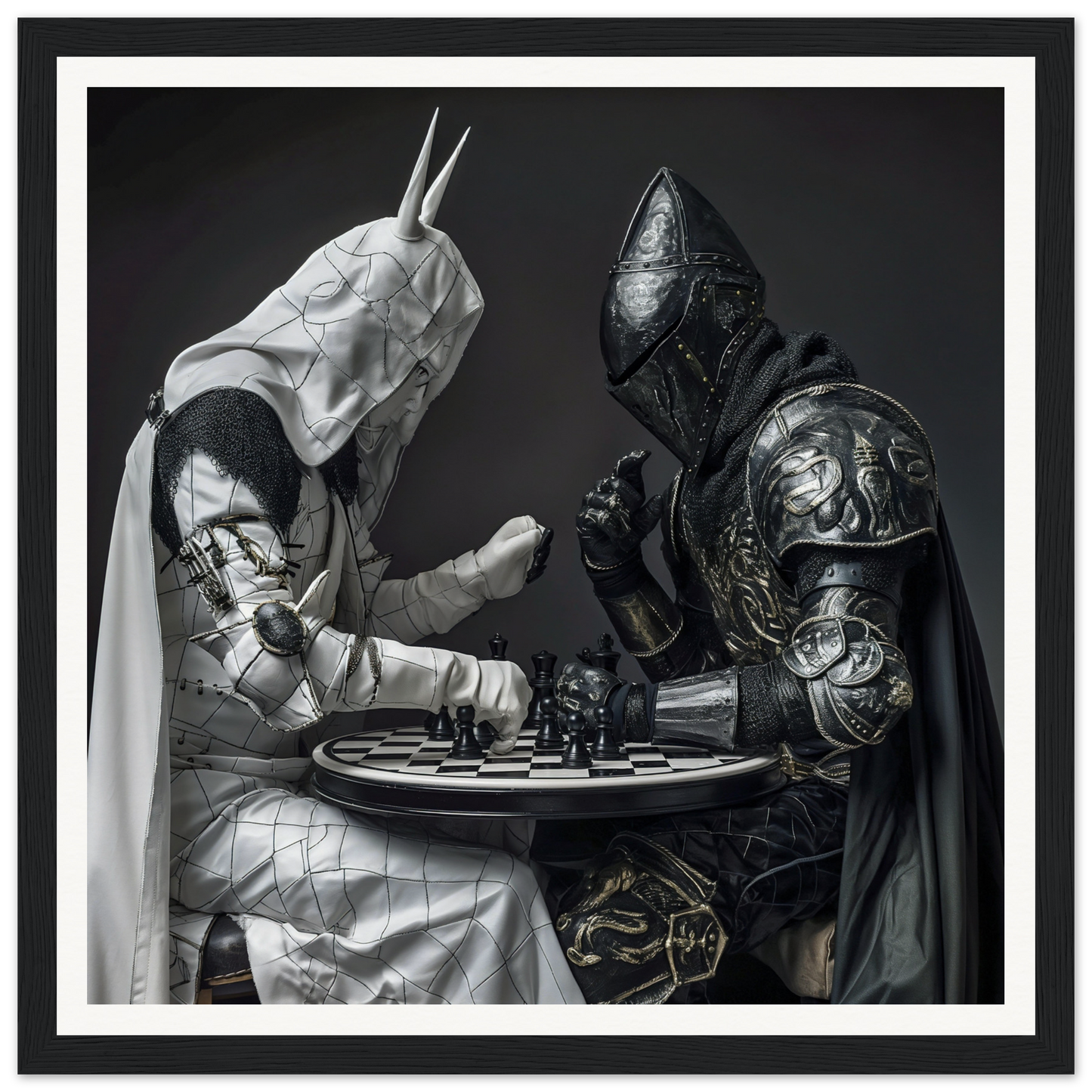 Two armored knights strategizing in Armored Minds Duel special edition art™ chess game