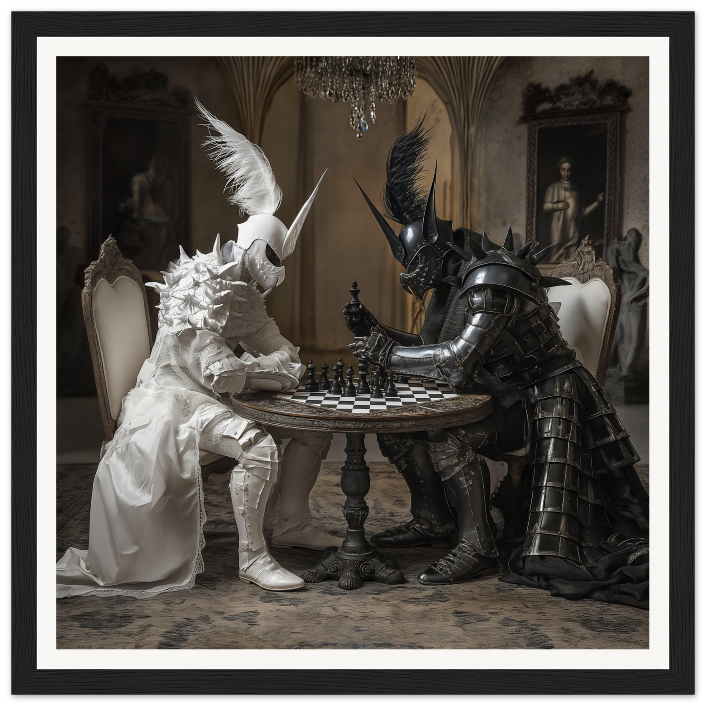 Two armored figures in black and white playing chess in Armor’s Silent Gambit art