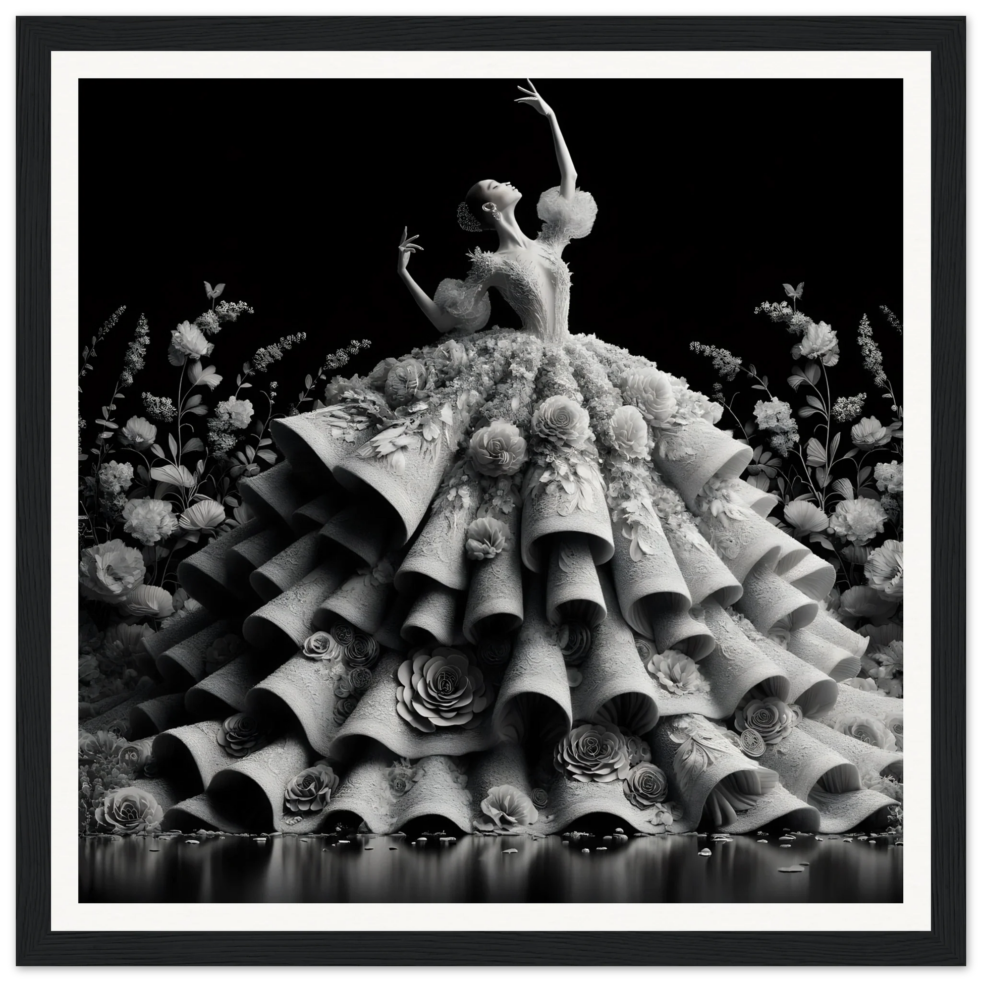 Dancer in ruffled floral dress posing for Baroque Blossom Ballet framed poster