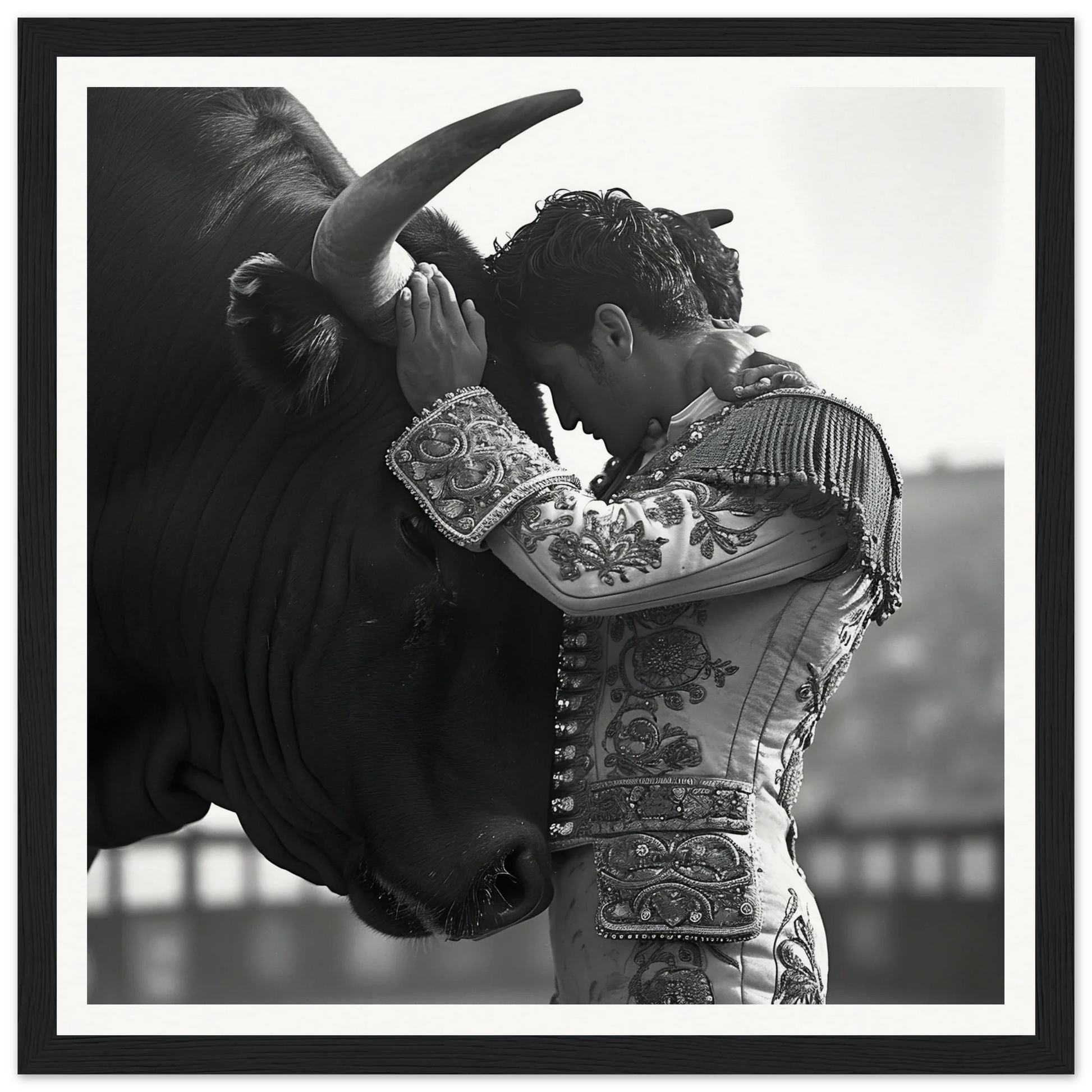 A matador in a fancy suit stands by a bull’s head in Beastly Symbiosis Reverie