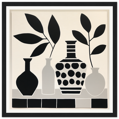 Black and white silhouettes of vases and bottles in Botanical Vessel Dreamscape art