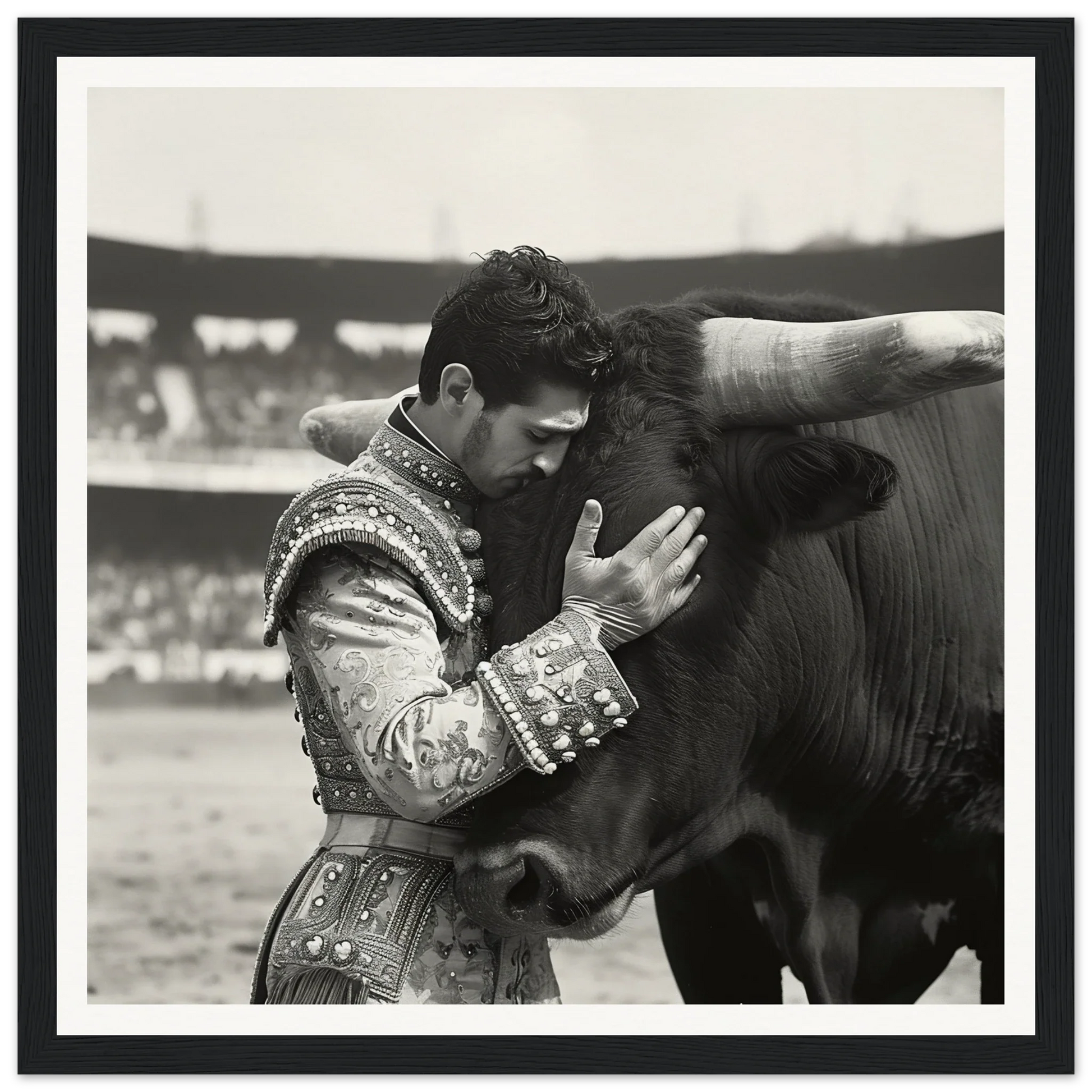 Matador in ornate suit embracing bull’s head in Bovine-passo Solo framed wall art