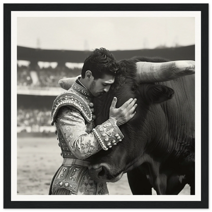 Matador in ornate suit embracing a bull’s head, part of Bull & Brave special edition art™