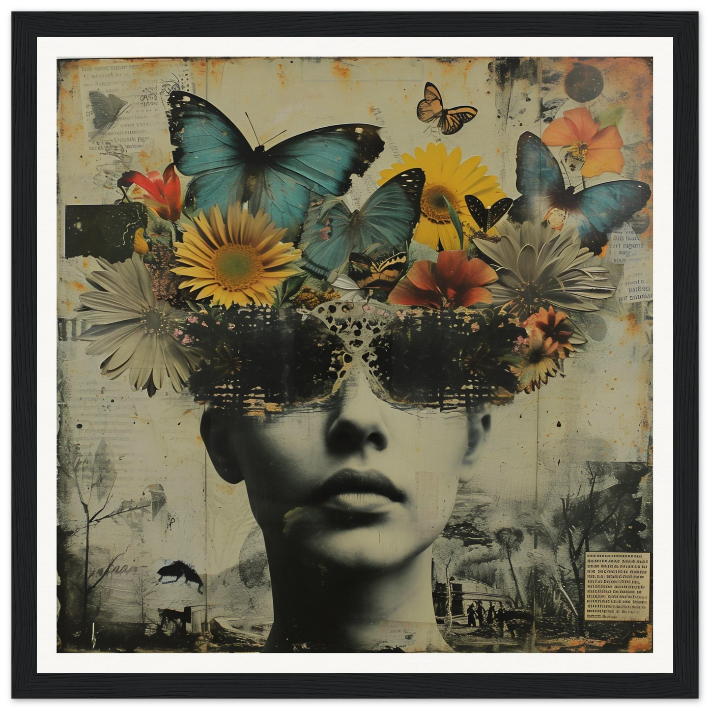 Artistic portrait of butterflies and flowers in dark sunglasses, Butterfly Dream Visage