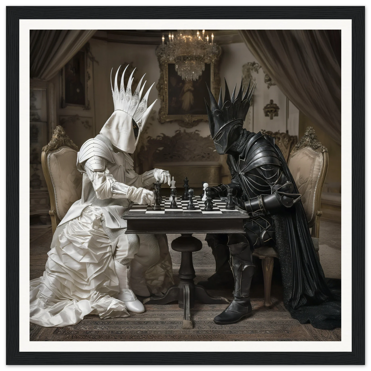 Two armored figures in black and white playing chess at the Celestial Chess Nexus