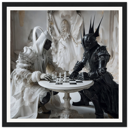 Two armored figures in black and white enjoying Chess Duality Dance at a round table