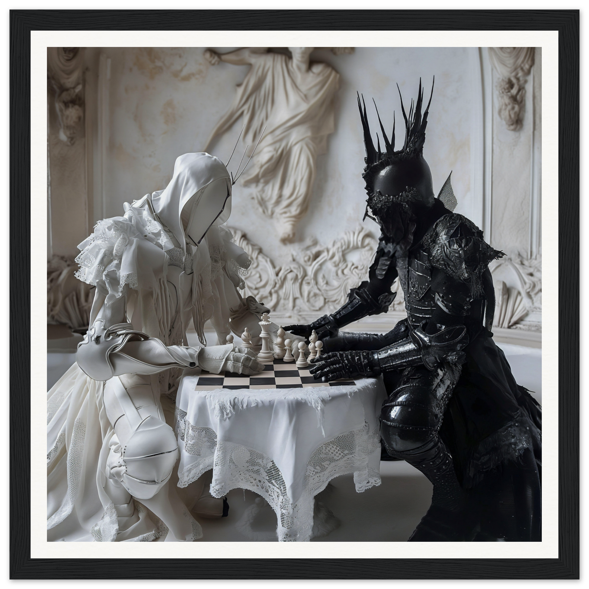 Two figures in white and black armor play chess at a lace table in Chess Rhapsody Duality