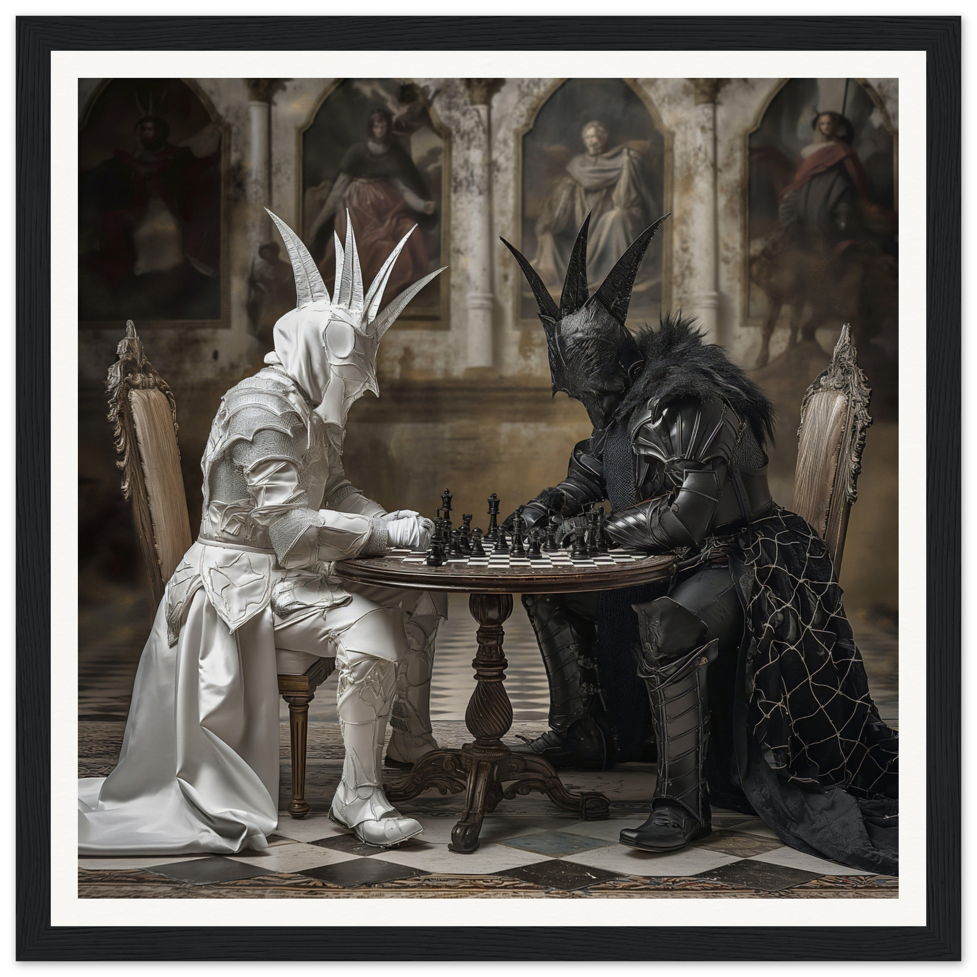 Two characters in rabbit masks engaged in chess at the Chessboard Waltz table