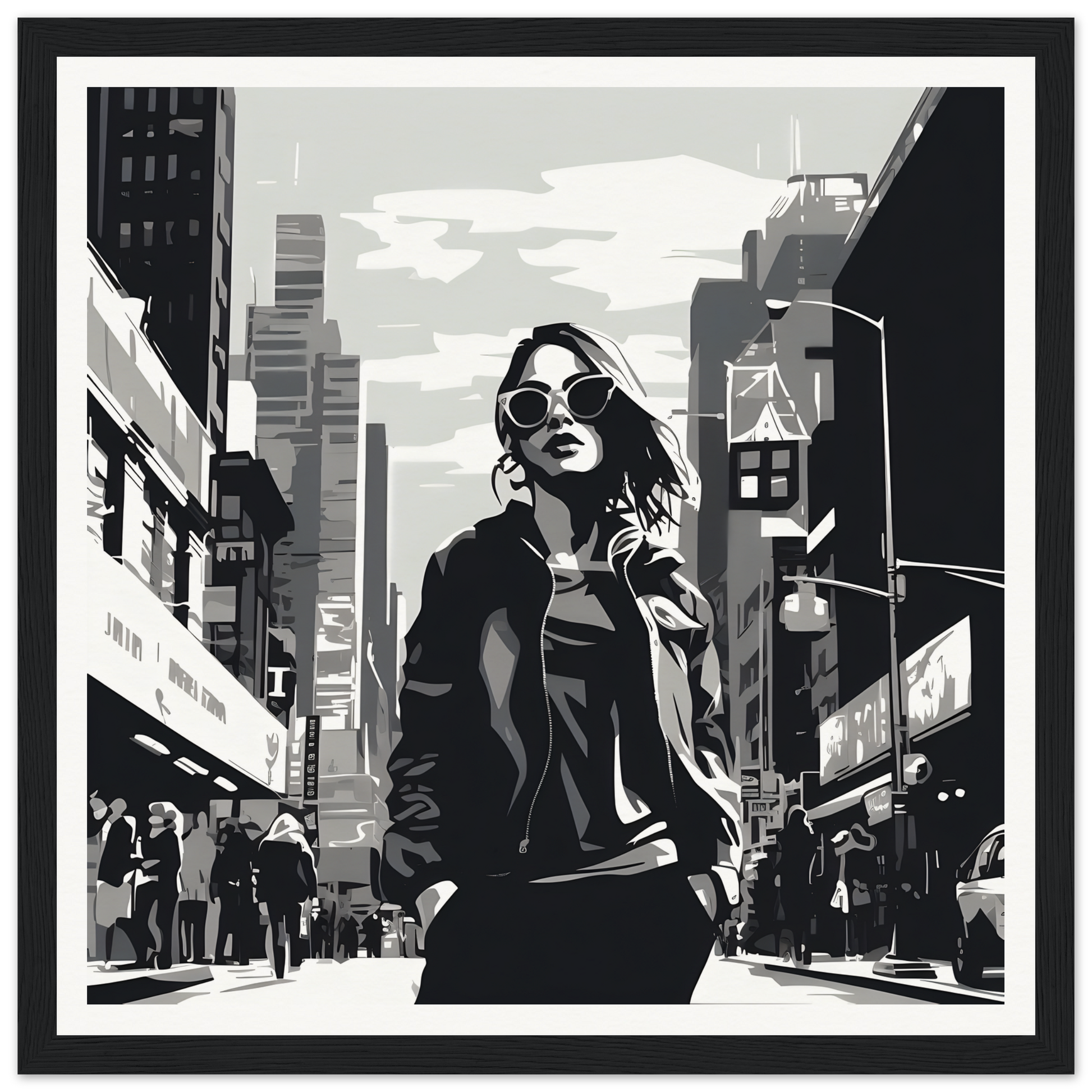 Stylized black and white art of a cool person in sunglasses for Chic City’s Echoes