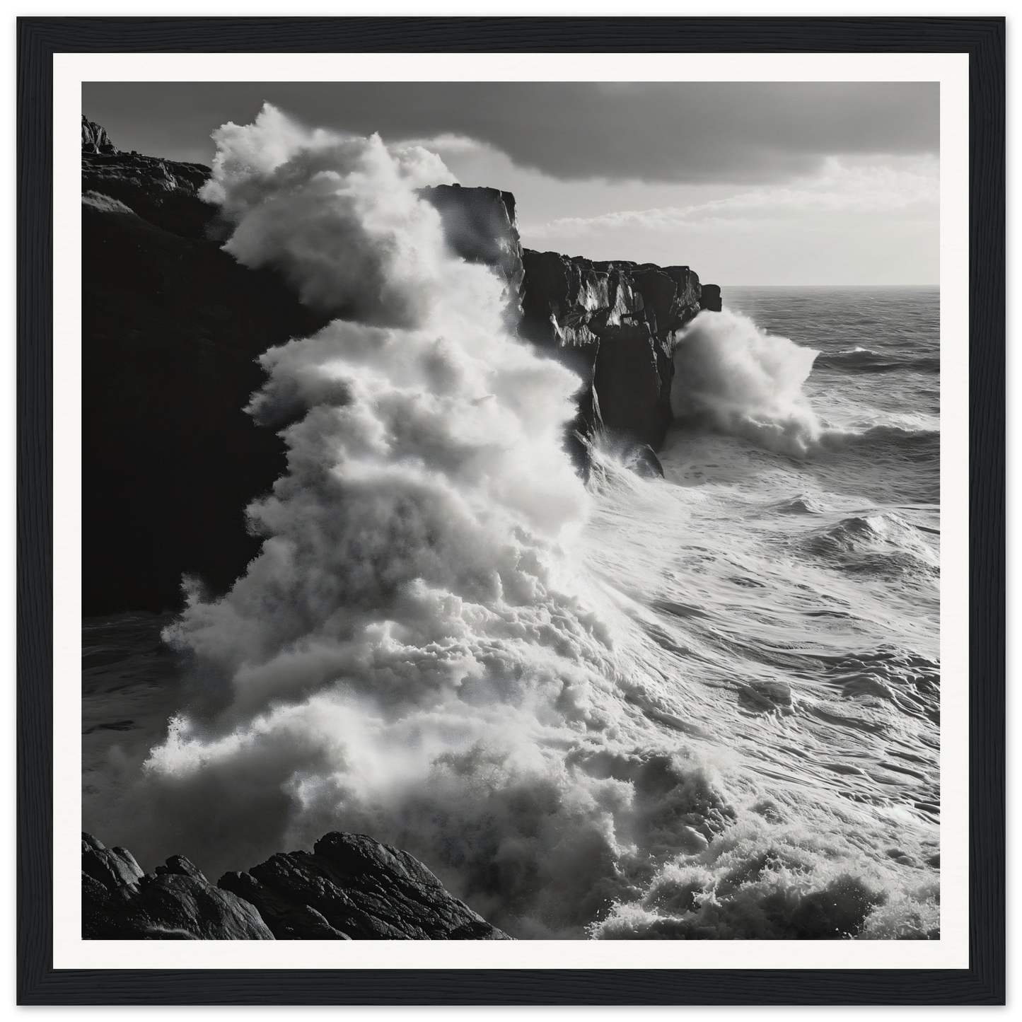 Powerful ocean waves crash on cliffs in this Cliffs’ Chaotic Ballet artwork