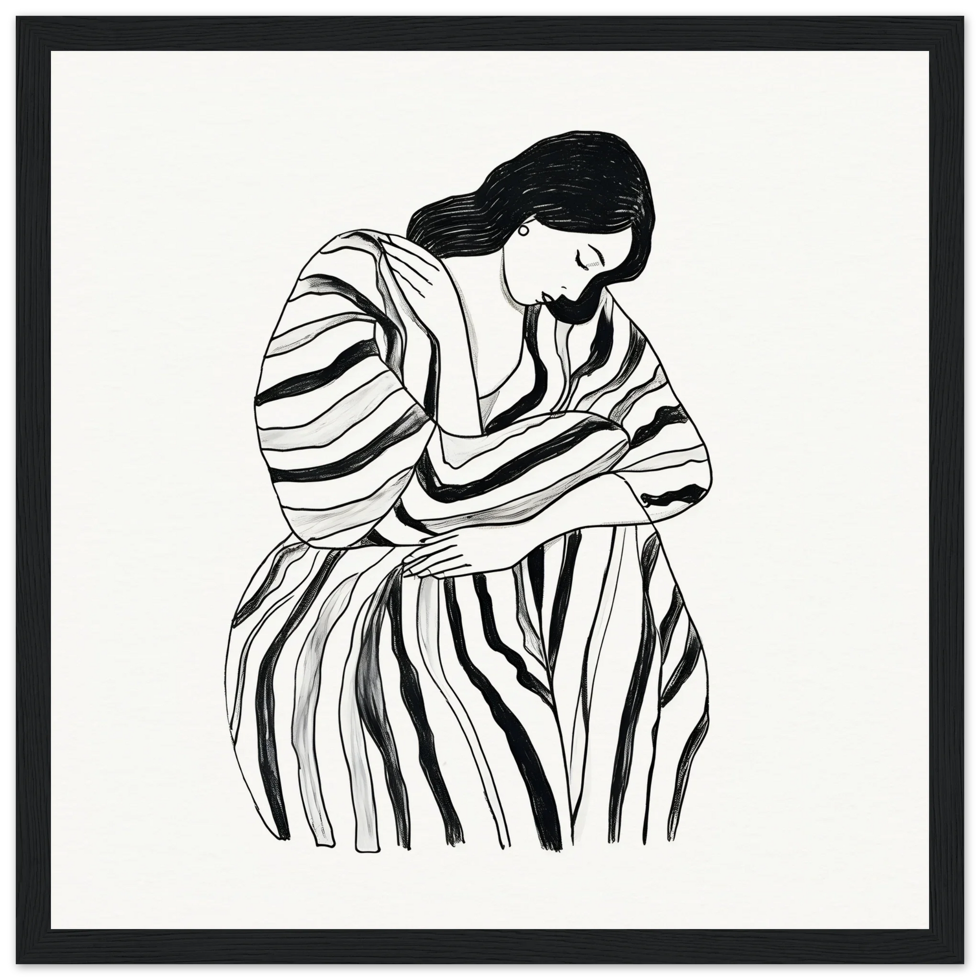 Black and white illustration of Contemplative Striped Tranquility in a flowing dress