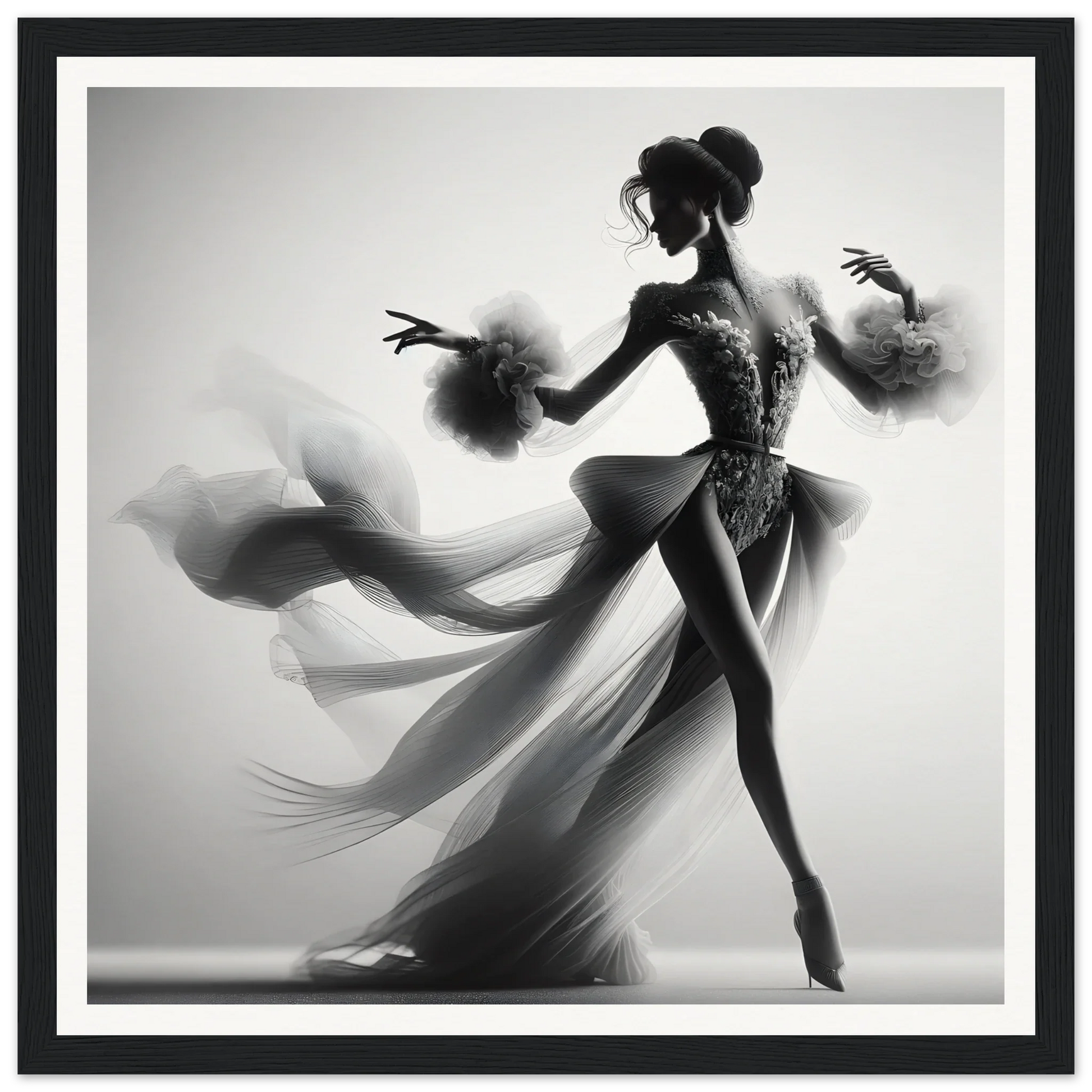 Graceful dancer in flowing dress with smoke, featured in Dancing Lightstreams Afloat