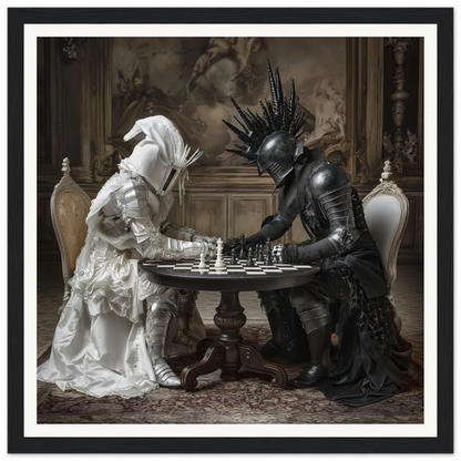 Two figures in black and white armor playing chess at a table from Duelling Nightmares’ Vision