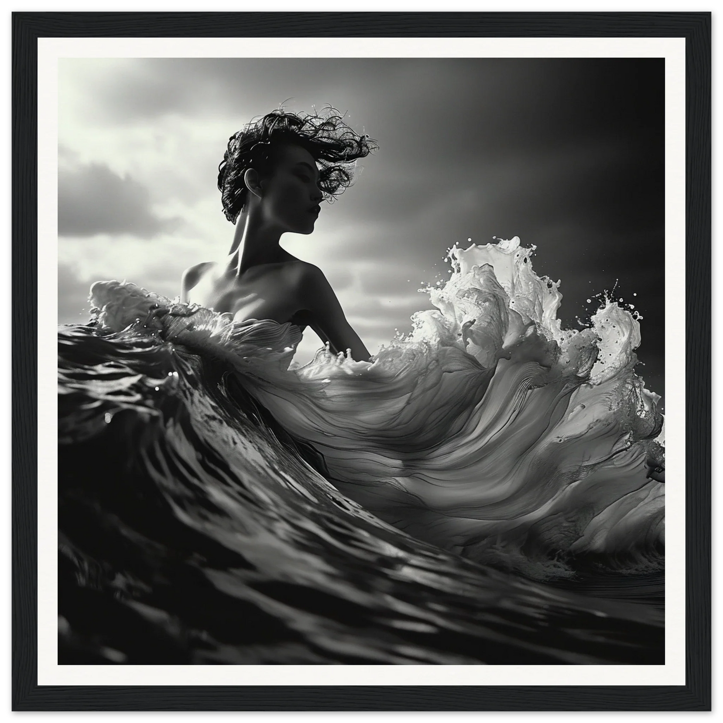 Dramatic black and white image of a figure merging with crashing waves, Ebb Undulate Insights