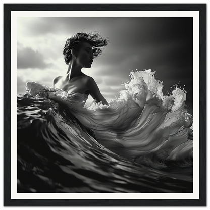 Dramatic black and white image of a figure merging with crashing waves, Ebb Undulate Insights