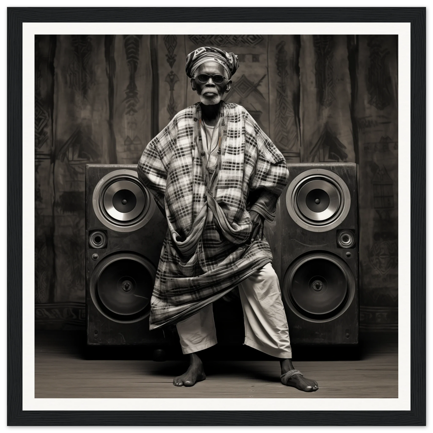 Person in traditional African attire with speakers for Echos of Mysticism, timeless elegance