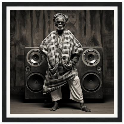 Person in traditional African attire with speakers for Echos of Mysticism, timeless elegance