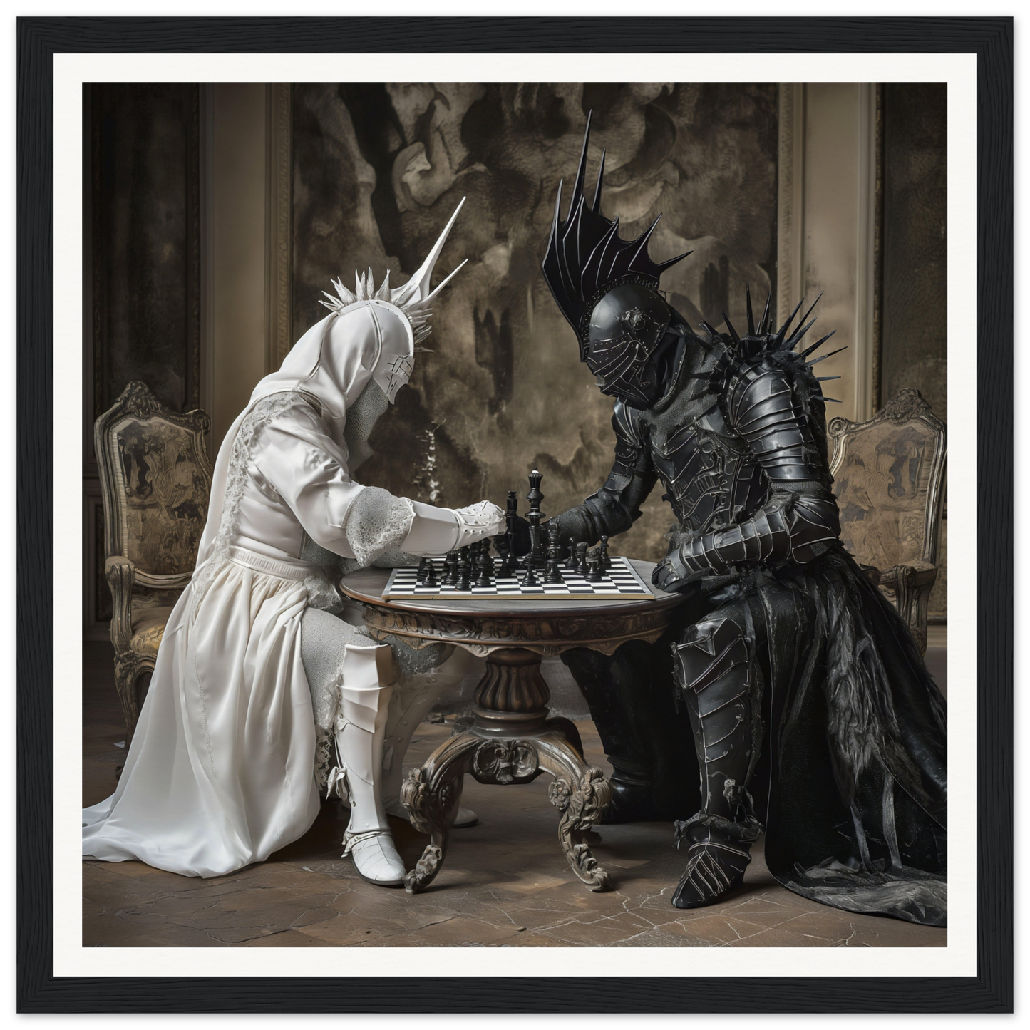 Two armored figures in white and black clash in an Elegant Chess Duel art piece