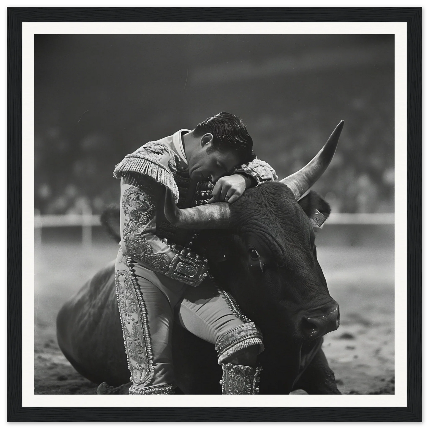 Matador grappling with a bull, featured in special edition art framed wall art