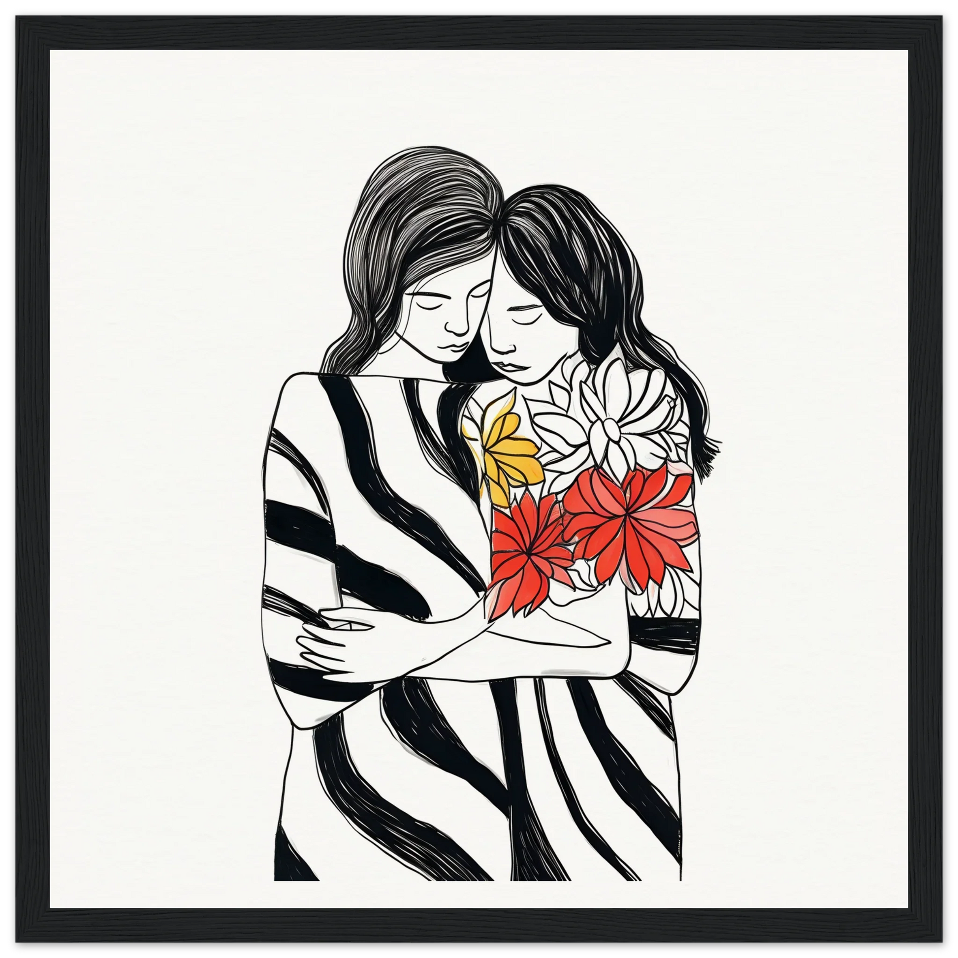 Black and white drawing of two figures hugging, featuring red and yellow flowers, Embrace Florid Flicker