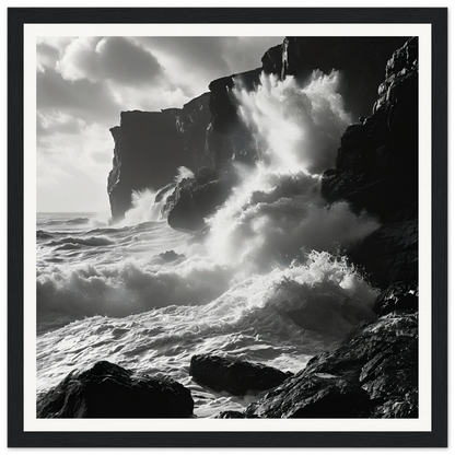 Dramatic black and white ocean waves crash on cliffs in Ephemeral Stone Symphony framed poster