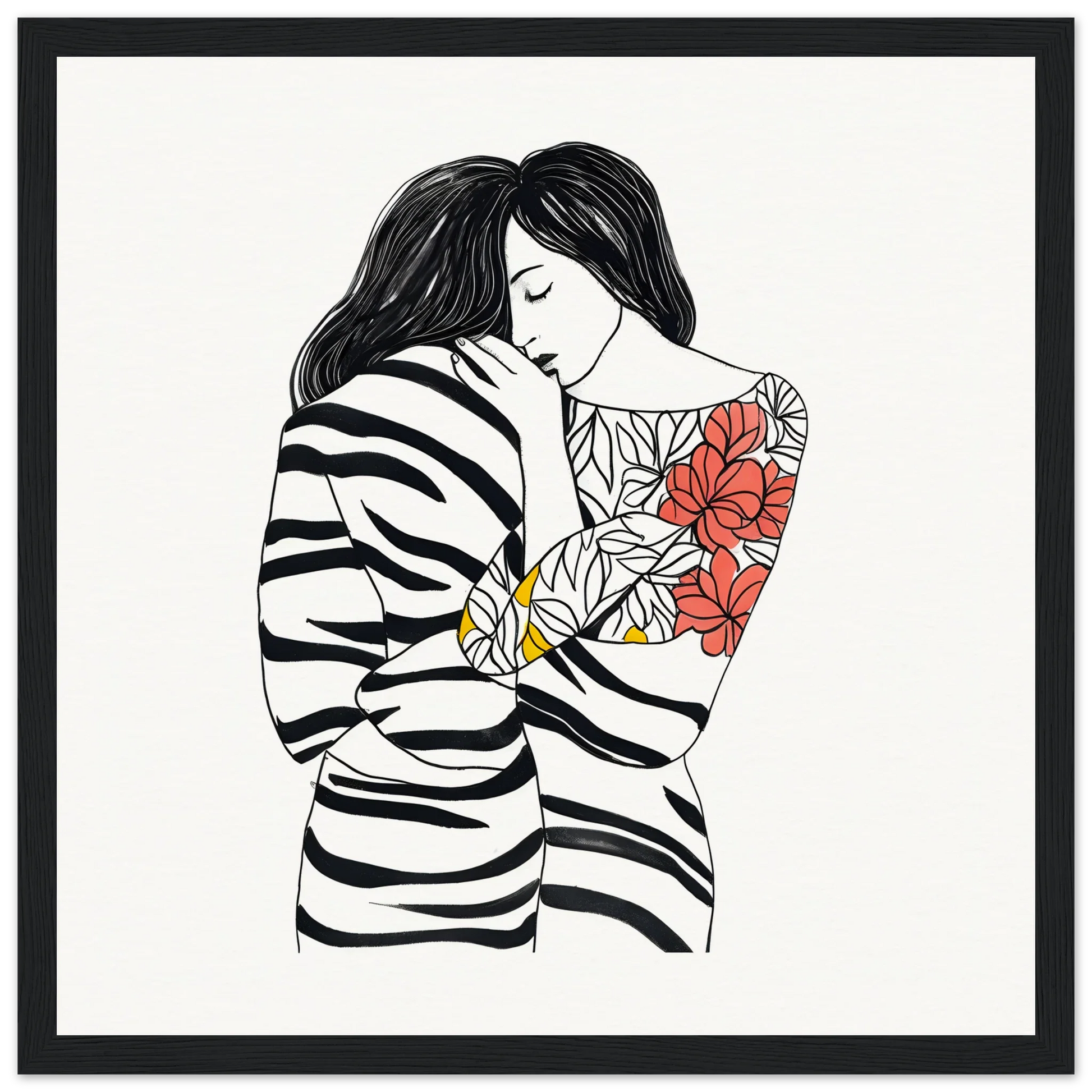 Black and white line drawing of love with red flowers in Etched Embrace Harmony art