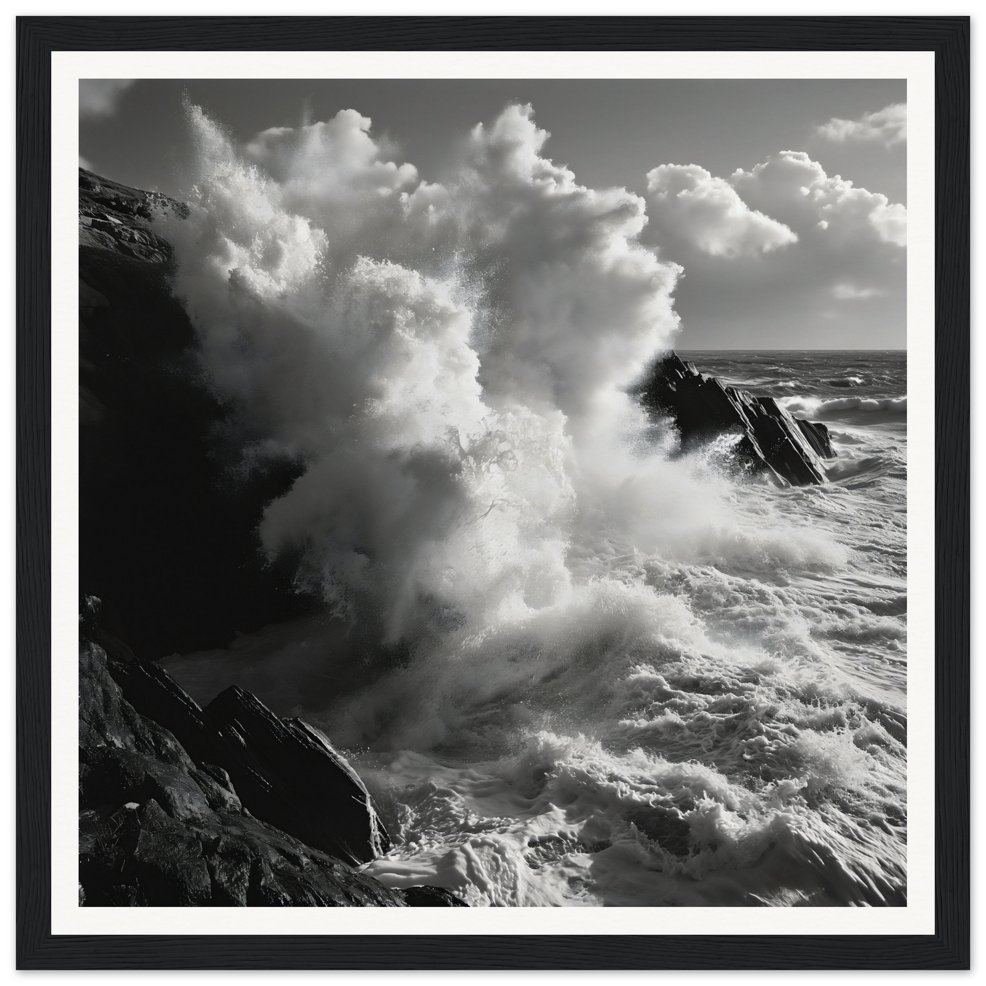 Powerful ocean waves crashing on rocky cliffs in Eternal Splash Ecstasy art print