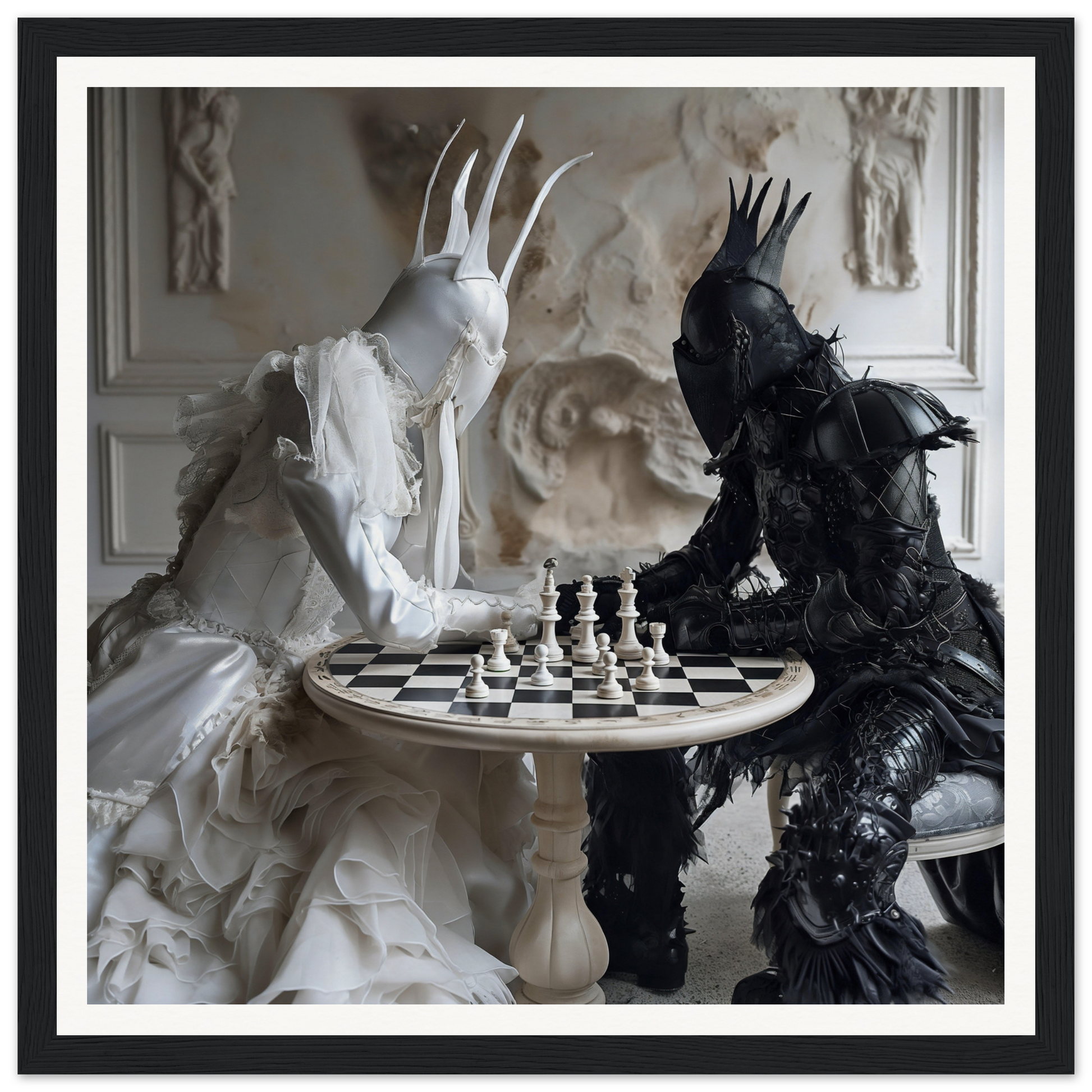 Two crowned figures in black and white playing chess in Ethereal Minds’ Duel art