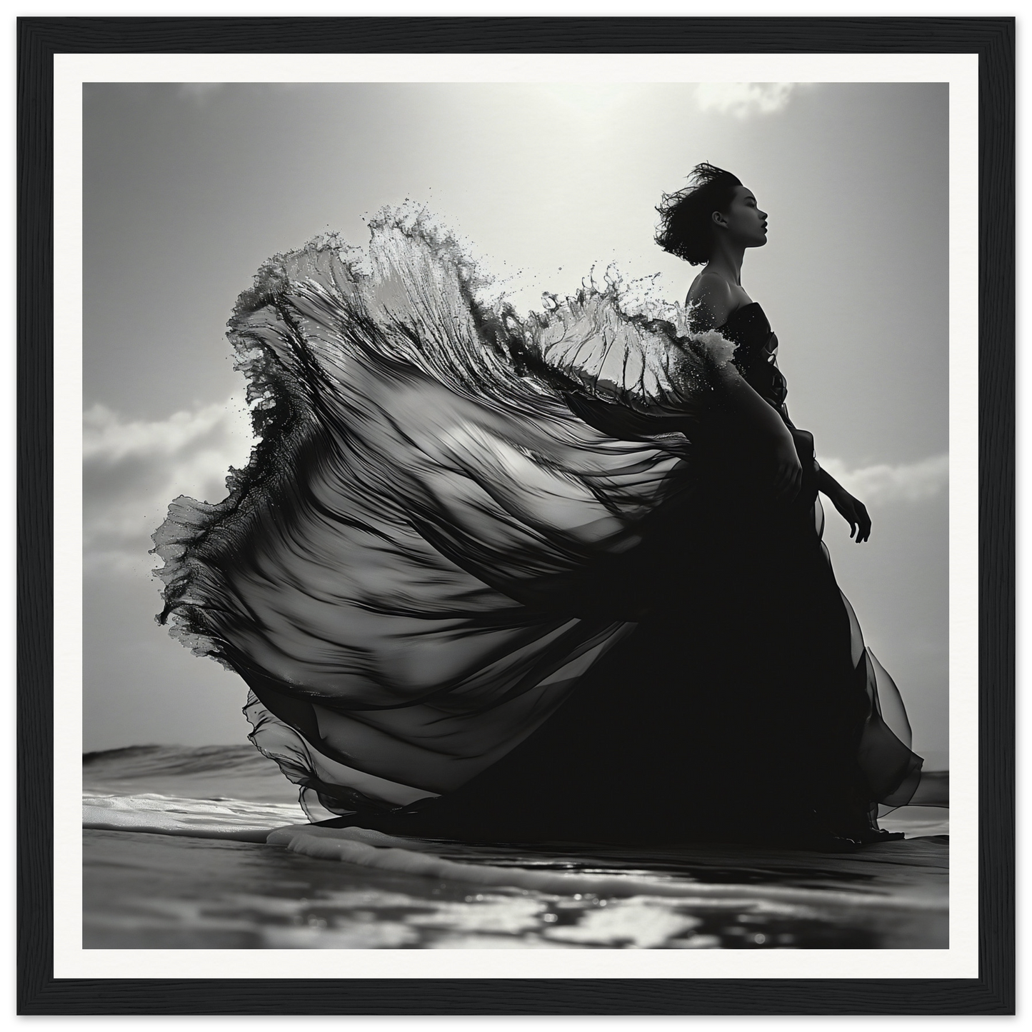 Ethereal Wave Serenade black dress flowing dramatically in silhouette