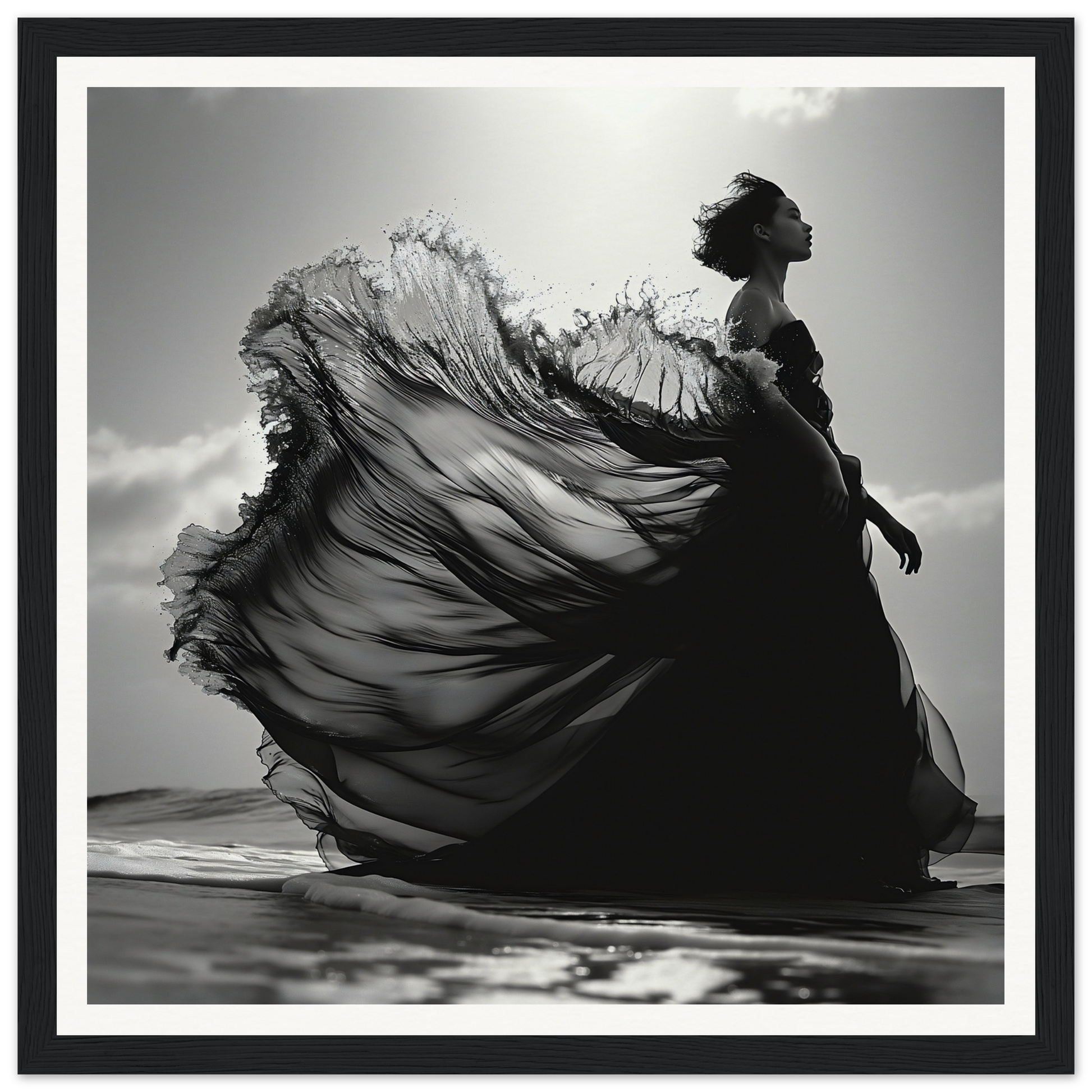 Ethereal Wave Serenade black dress flowing dramatically in silhouette