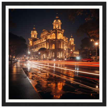 Illuminated Baroque Cathedral towers shining golden in Gilded Night Dance art™