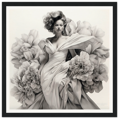 Elegant black and white gown enveloped blossoms framed by soft peony blooms