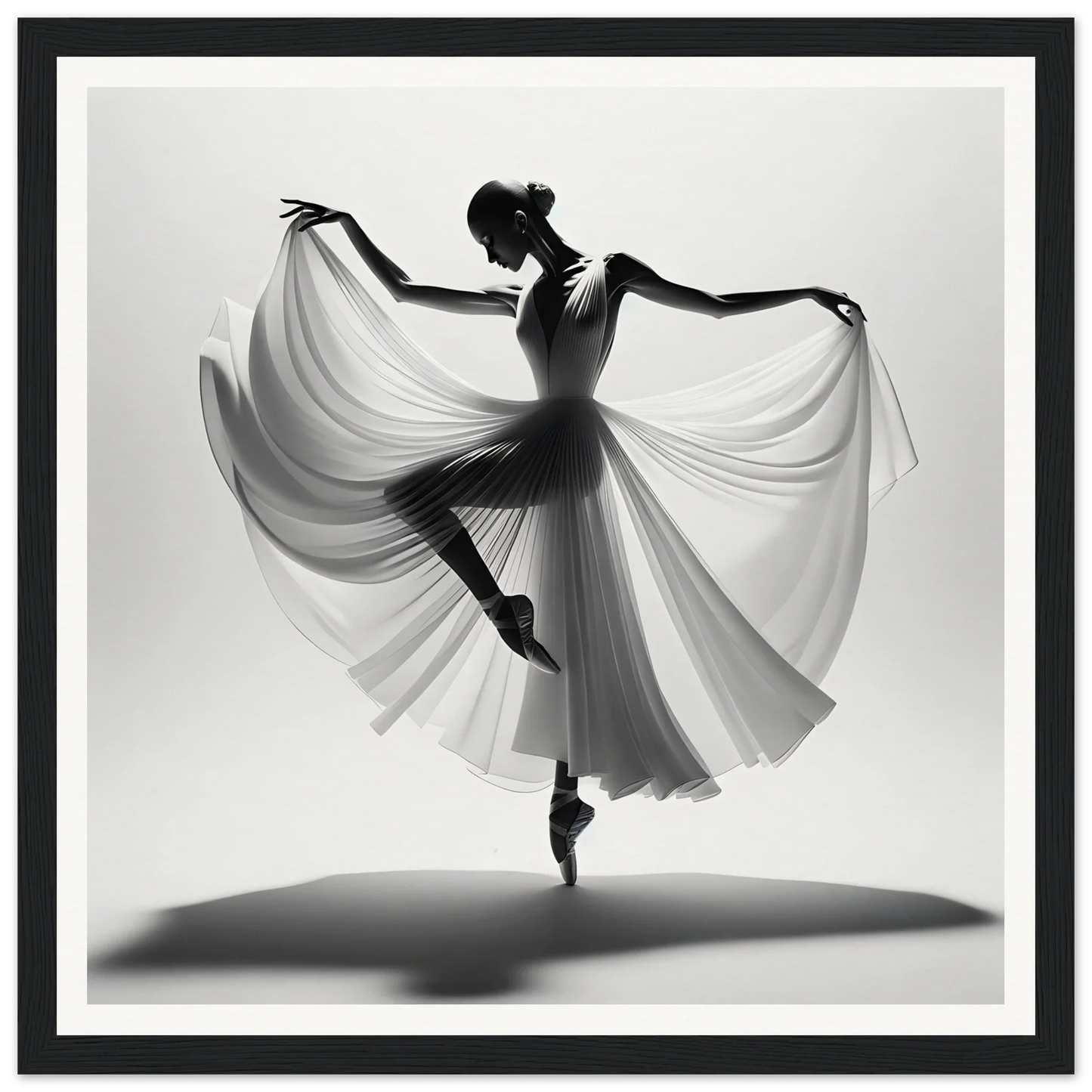 Silhouetted ballerina en pointe in flowing dress, part of Graceful Ballet Silence framed posters