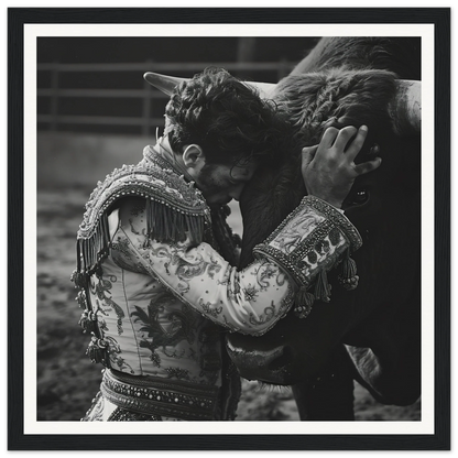 A matador in an ornate jacket embraces a bull in the Graceful Reverie Duet art