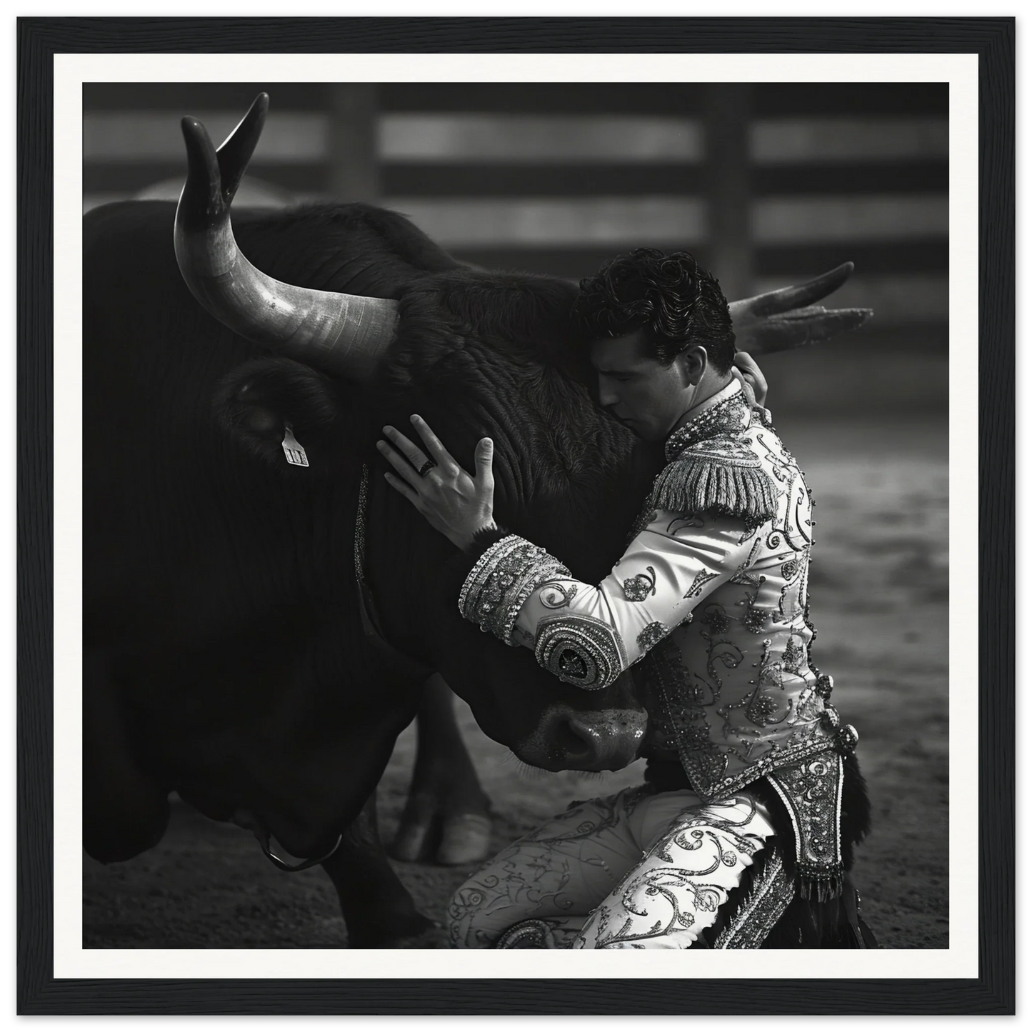 Matador in ornate suit battling bull in a special edition art of Harmonious Grief Dance