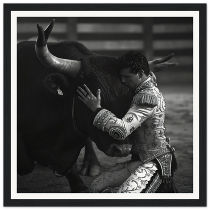 Matador in ornate suit battling bull in a special edition art of Harmonious Grief Dance