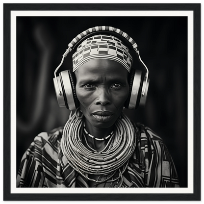 Striking black and white portrait blending tradition meets tech with tribal jewelry and headphones