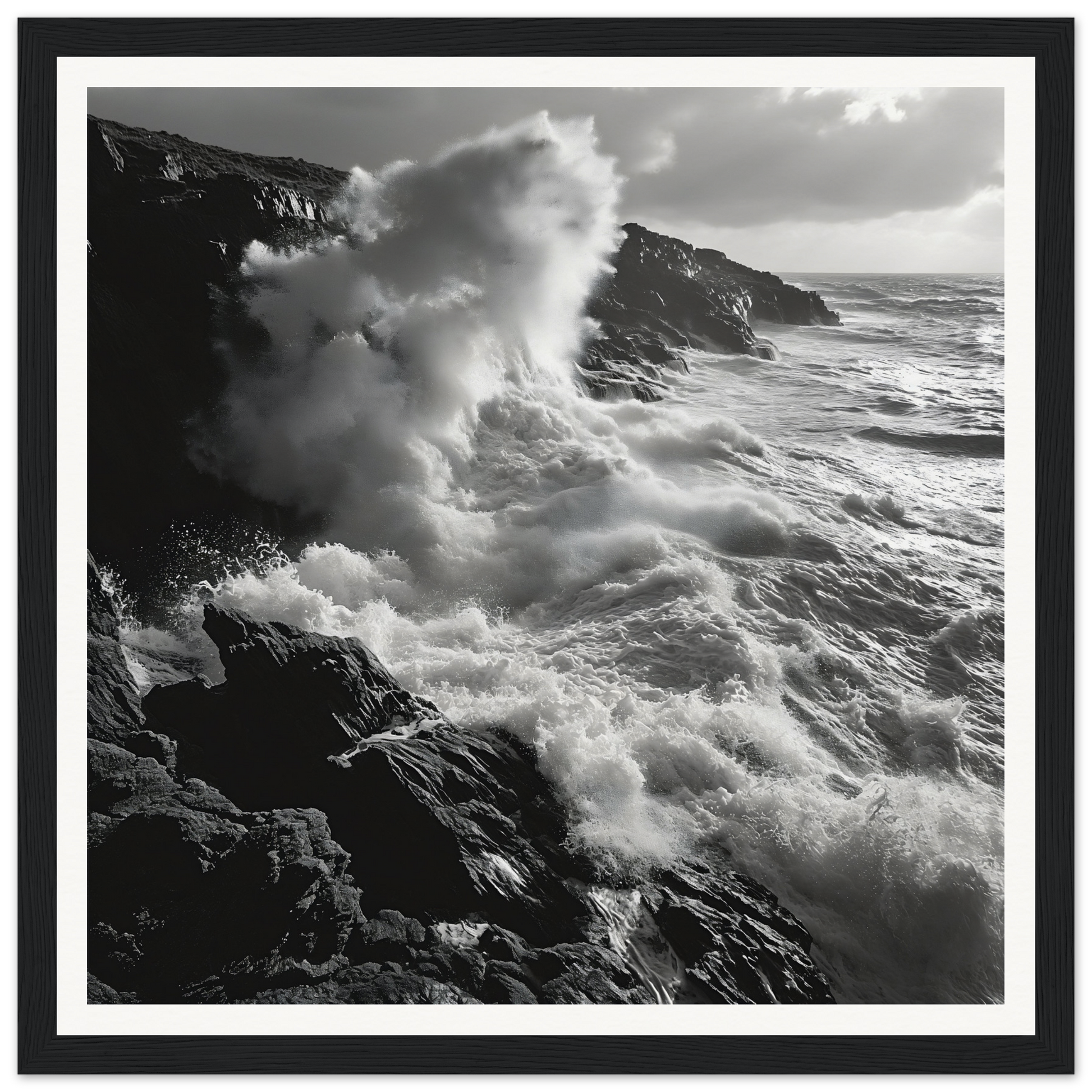 Powerful ocean waves crashing against rocky cliffs in Infinite Nautical Poem framed poster