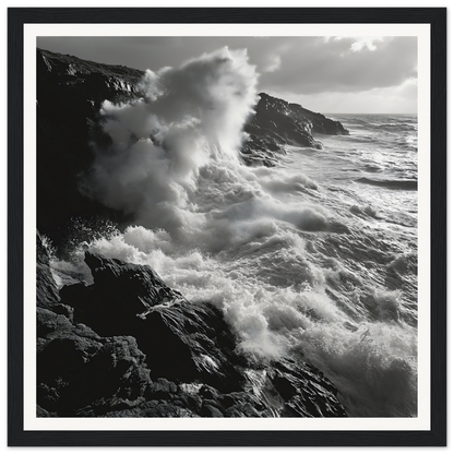 Powerful ocean waves crashing against rocky cliffs in Infinite Nautical Poem framed poster