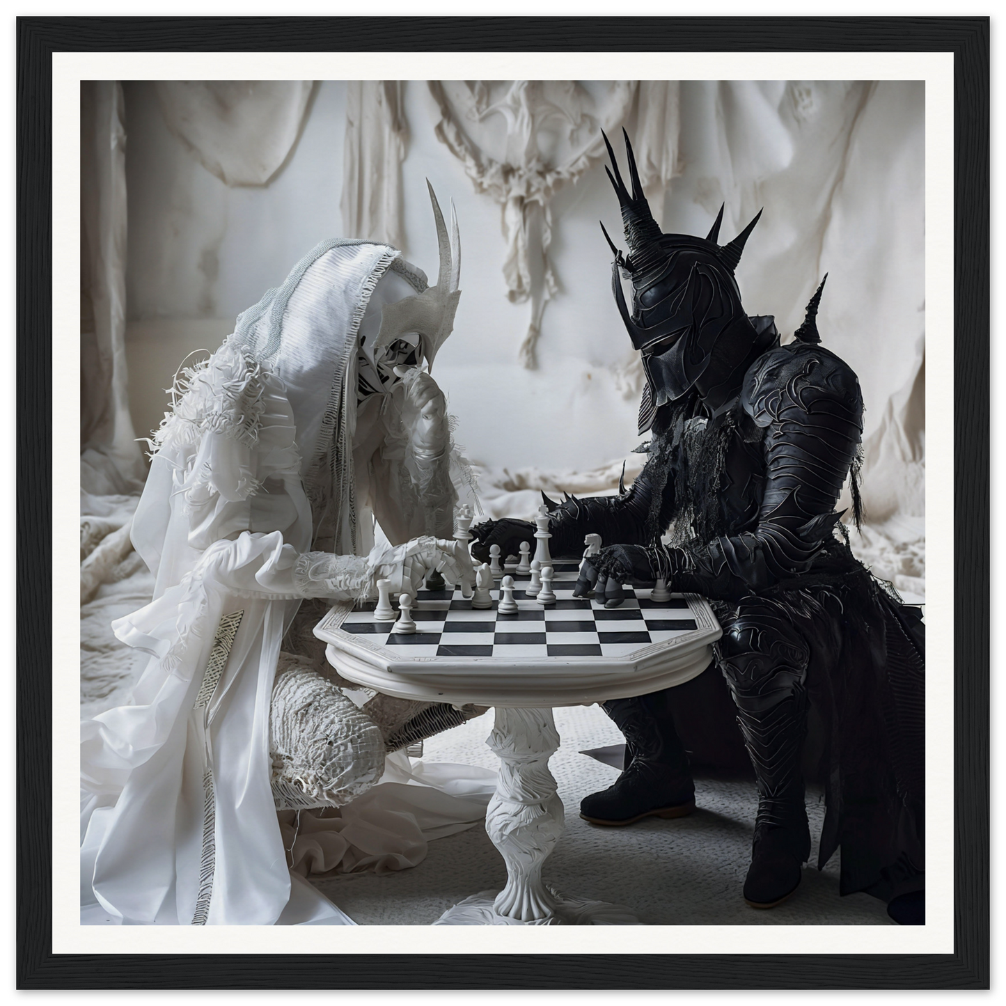Chess game featuring Death and a dark knight in Kindled Celestial Dance framed poster